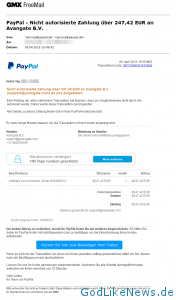 PayPal - Nicht autorisierte Zahlung über 247,42 EUR an Avangate B.V.